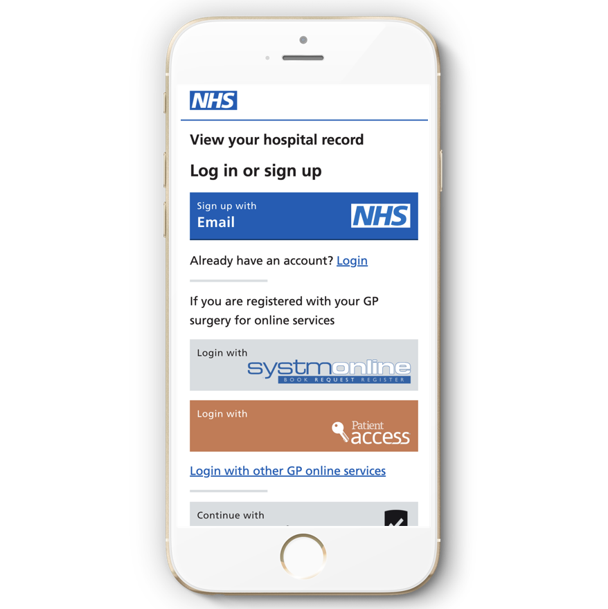A design for NHS login on an iPhone which allows users to log in using their existing health systems